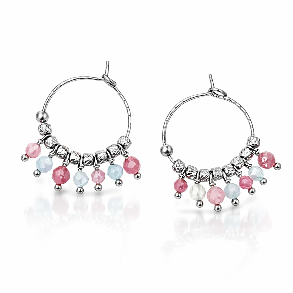 Orecchini in acciaio ad anella, con tormaline e acquamarine firmati Vizio Gioielli