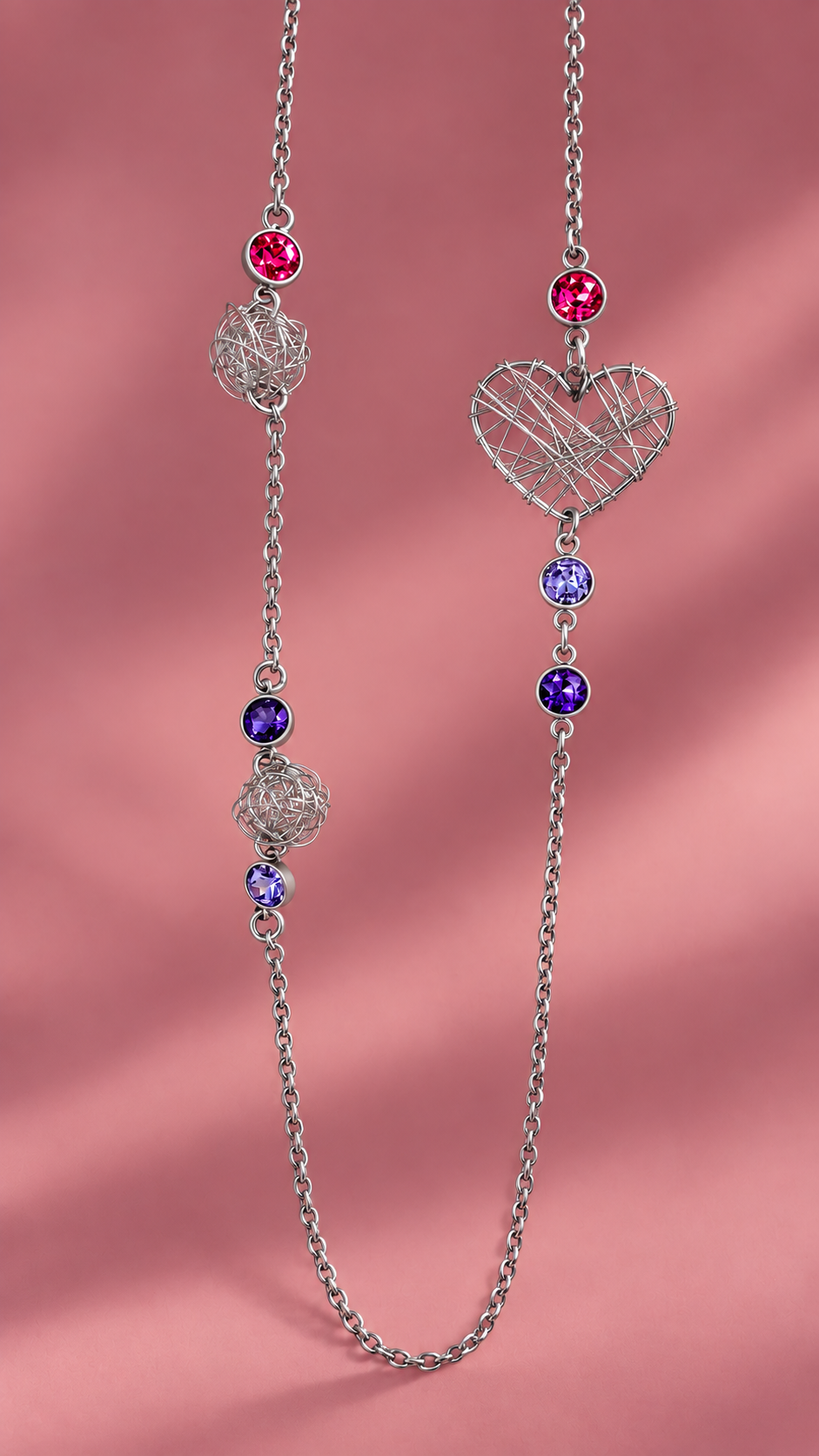 Collana lunga Cuore Pop Stardust in acciaio con cristalli rosa lilla e viola