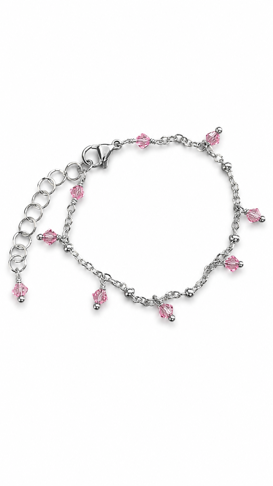Bracciale Artigianale in Acciaio con Cristalli Rosa Glitter – Regolabile 16-21 cm