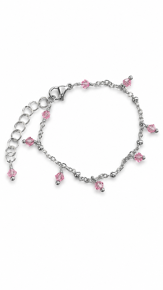 Bracciale Artigianale in Acciaio con Cristalli Rosa Glitter – Regolabile 16-21 cm