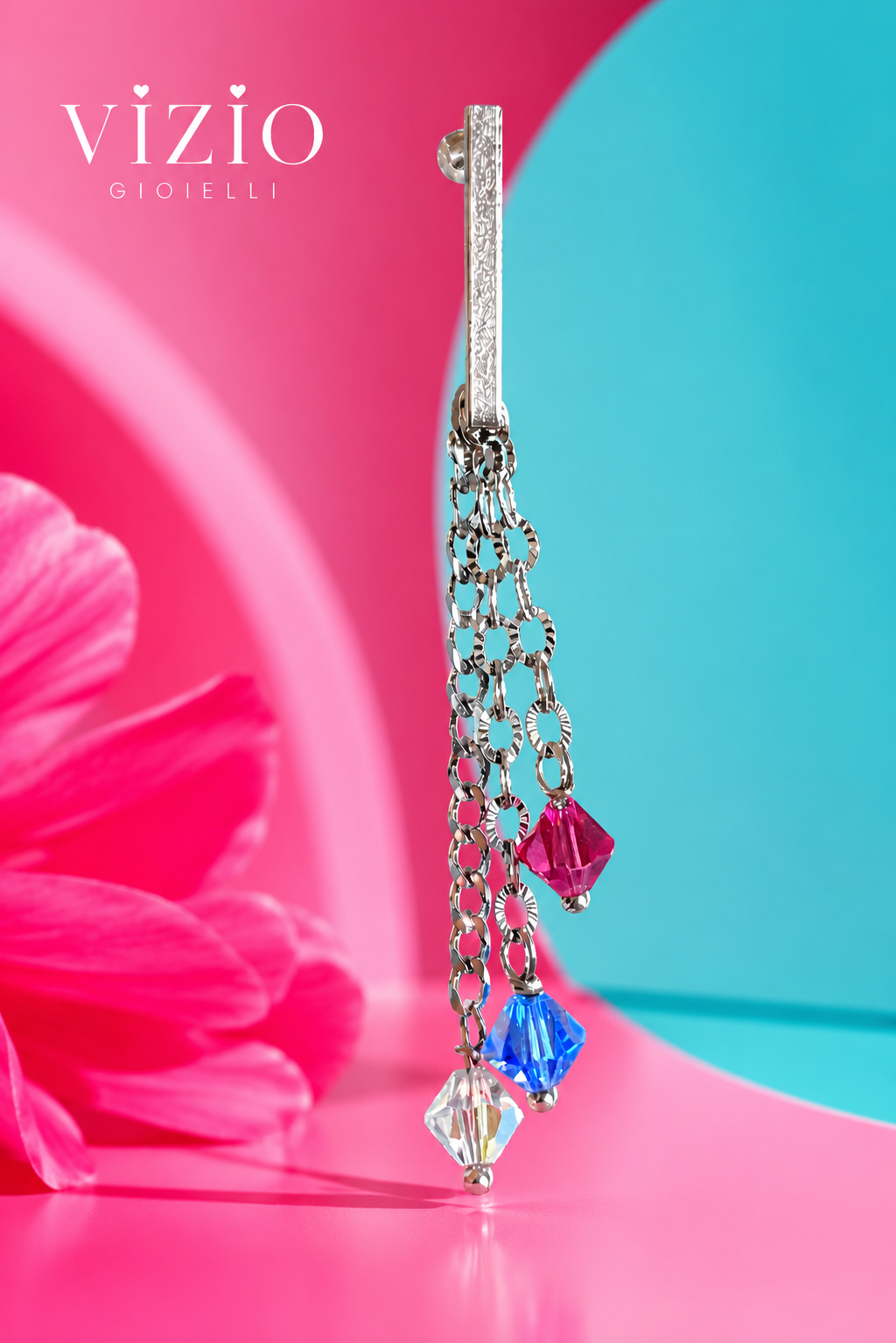 Mono Orecchino Mirage – Crystal Glitter, Sapphire & Fuchsia Glitter