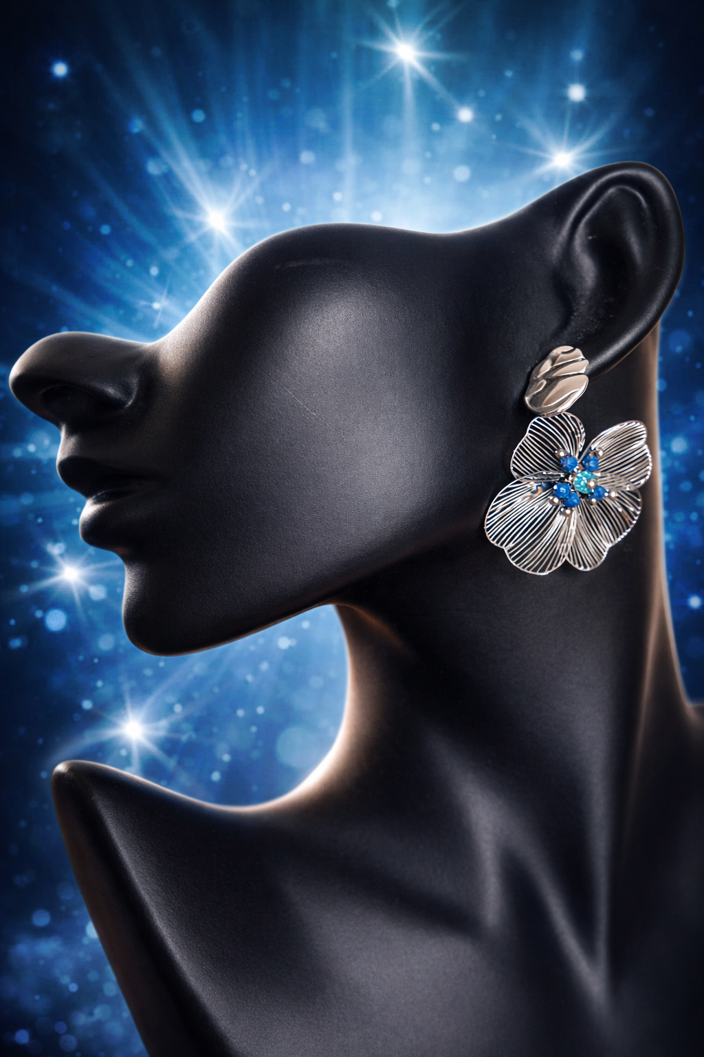 Mono Orecchino Fiore in Acciaio con Cristalli blu firmato Vizio Gioielli