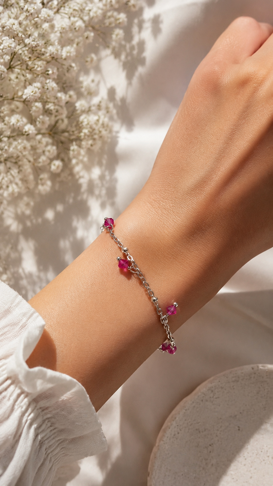 Bracciale Artigianale in Acciaio con Cristalli Fuxia Glitter – Regolabile 16-21 cm