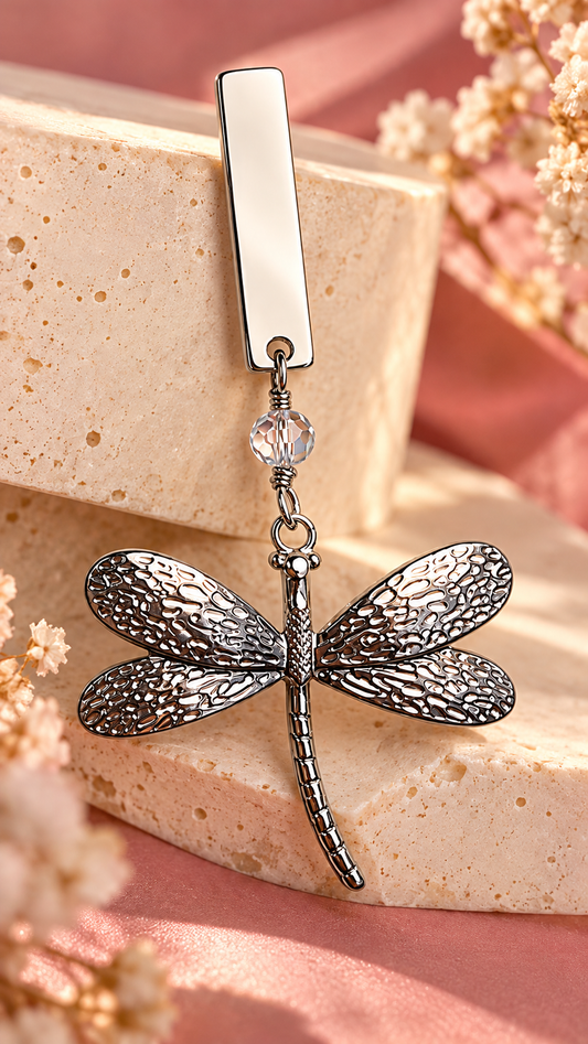 Mono Orecchino Libellula Short Vizio Gioielli indossato, con barretta in acciaio silver, cristallo luminoso e libellula argentata.