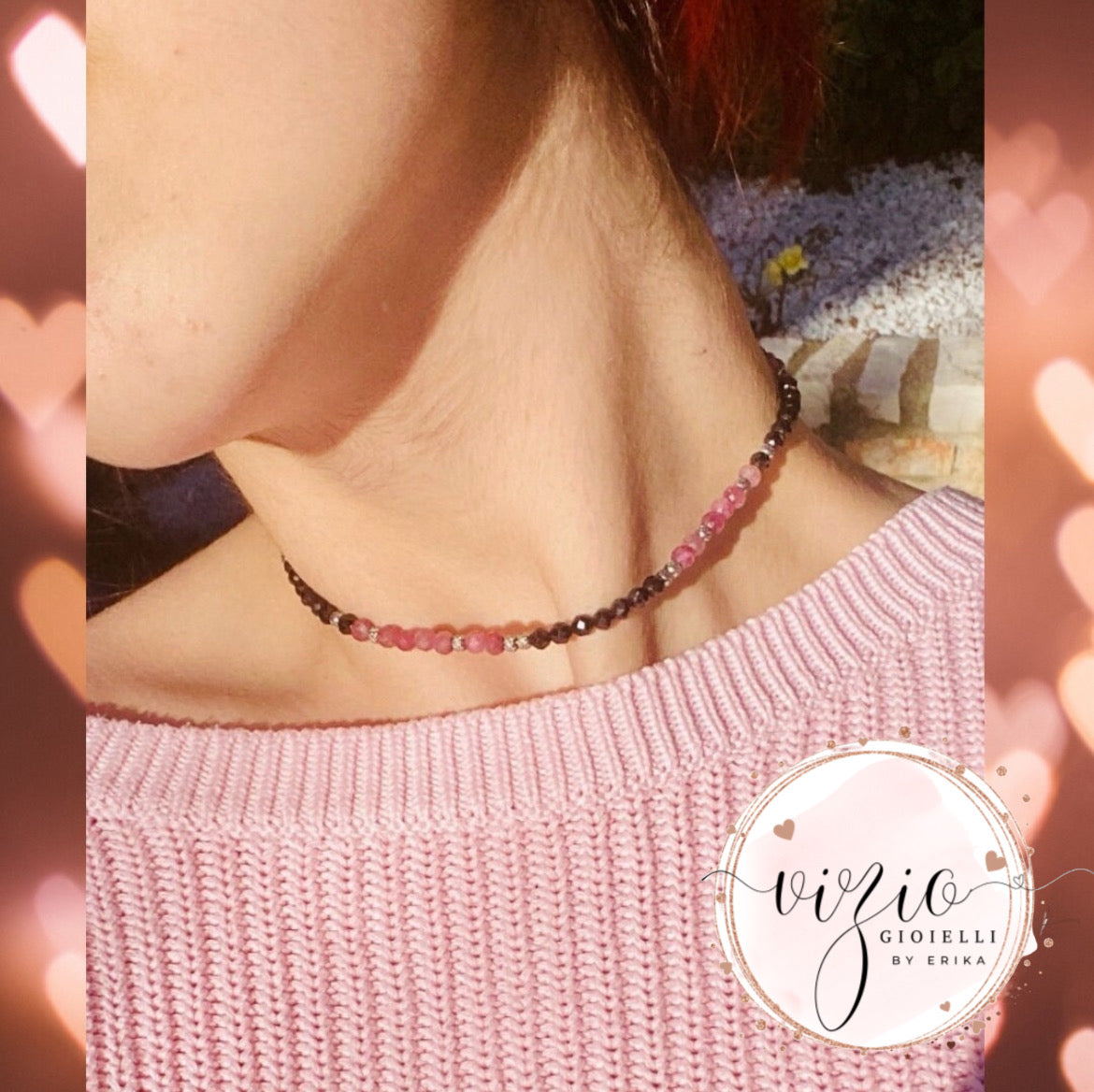 Choker realizzato con spinelli e tormaline rosa