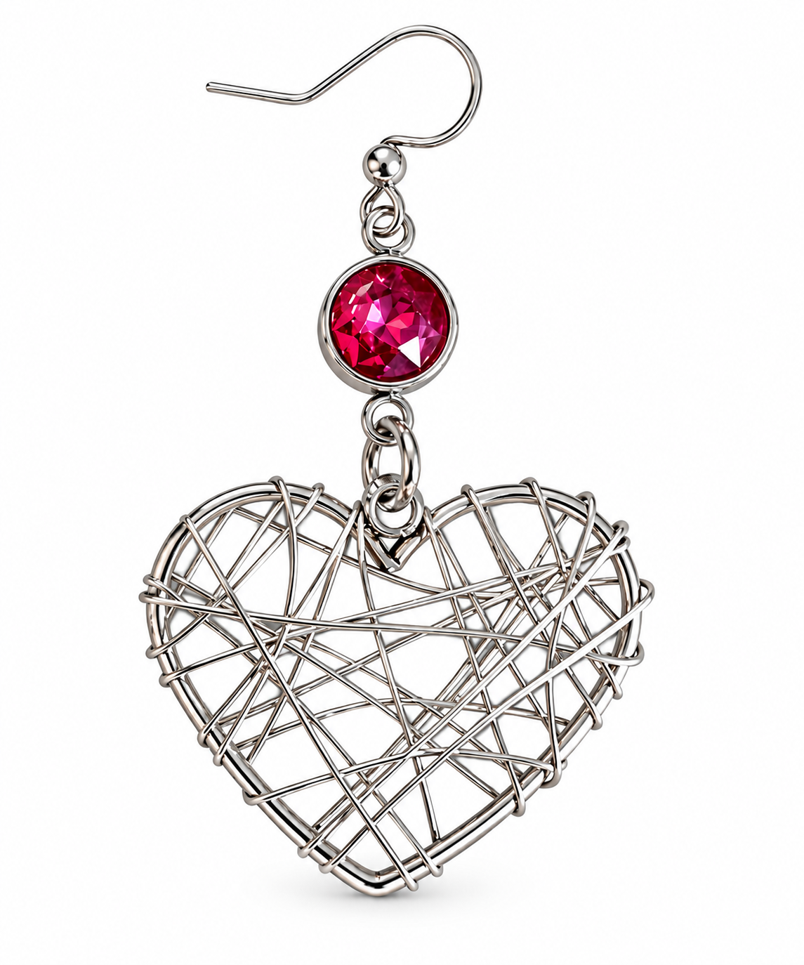 Mono orecchino cuore in acciaio con cristallo fucsia – Vizio Gioielli