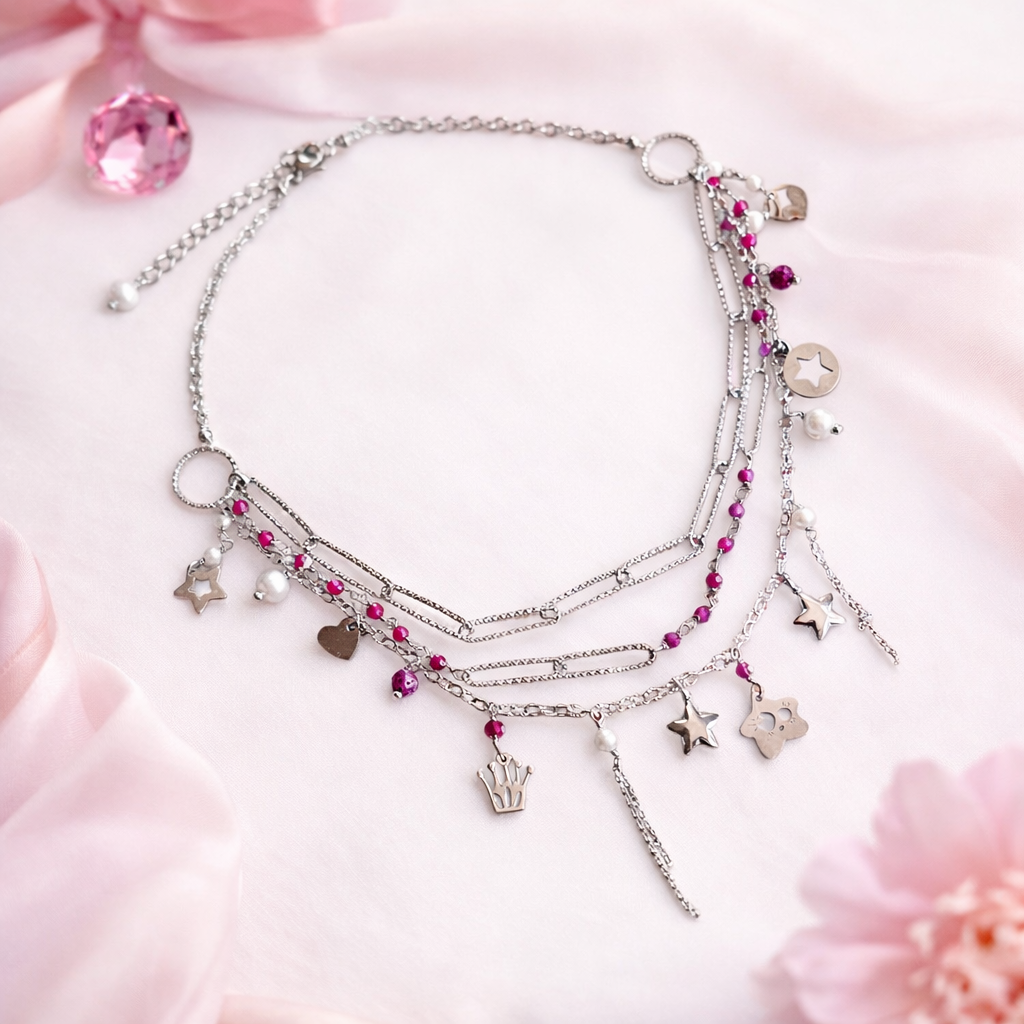 Girocollo triplo in acciaio con rubini lab e perle di conchiglia firmato Vizio Gioielli