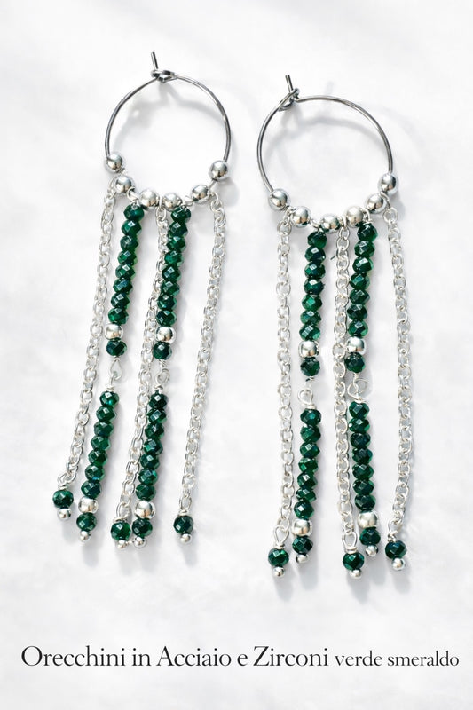 Orecchini in acciaio e zirconi verdi firmati Vizio Gioielli