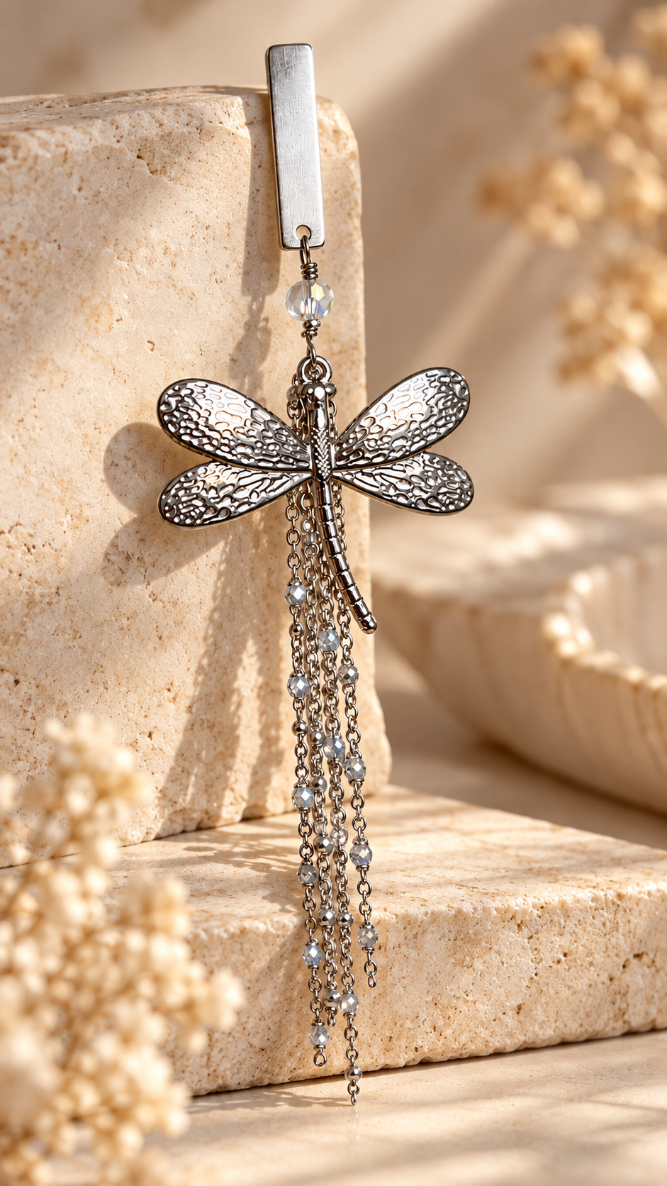 Mono orecchino Libellula Long silver indossato, con libellula argentata e lunghe catenelle pendenti, Vizio Gioielli