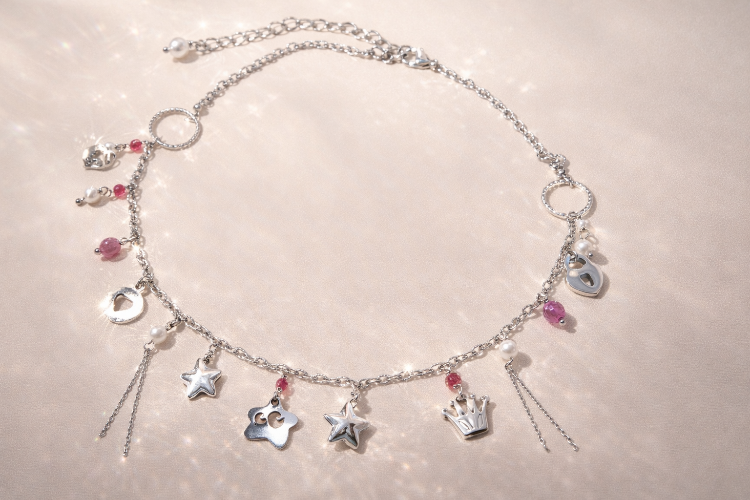 Girocollo in acciaio con rubini lab e perle di conchiglia Vizio Gioielli