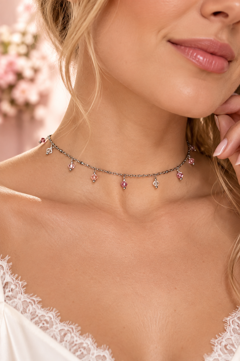 Girocollo California Sunrise in acciaio silver con cristalli crystal rosa e pesca

