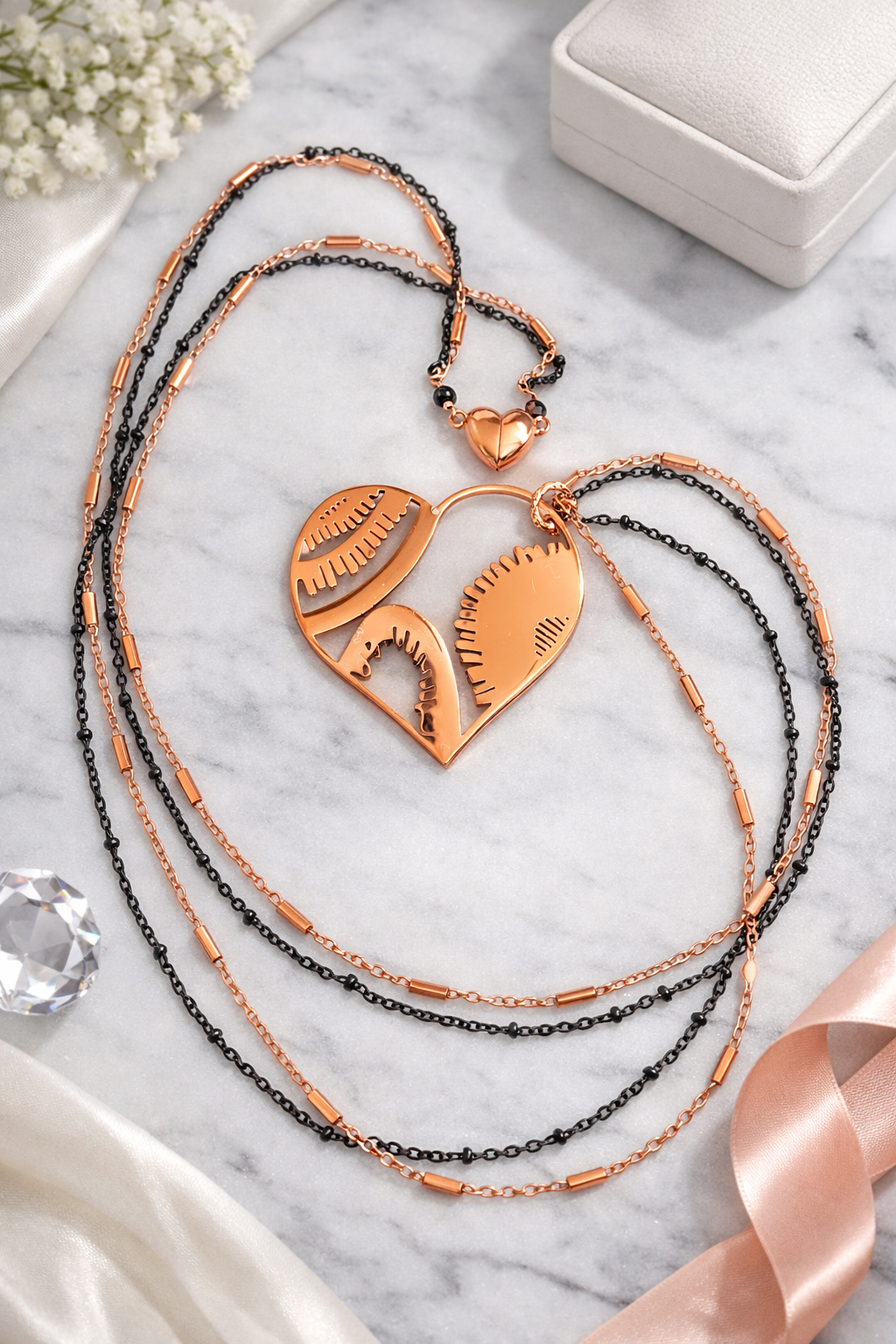 Collana con Cuore Magnetico e Maxi Ciondolo Cuore in Acciaio Rosato e Nero firmato Vizio Gioielli