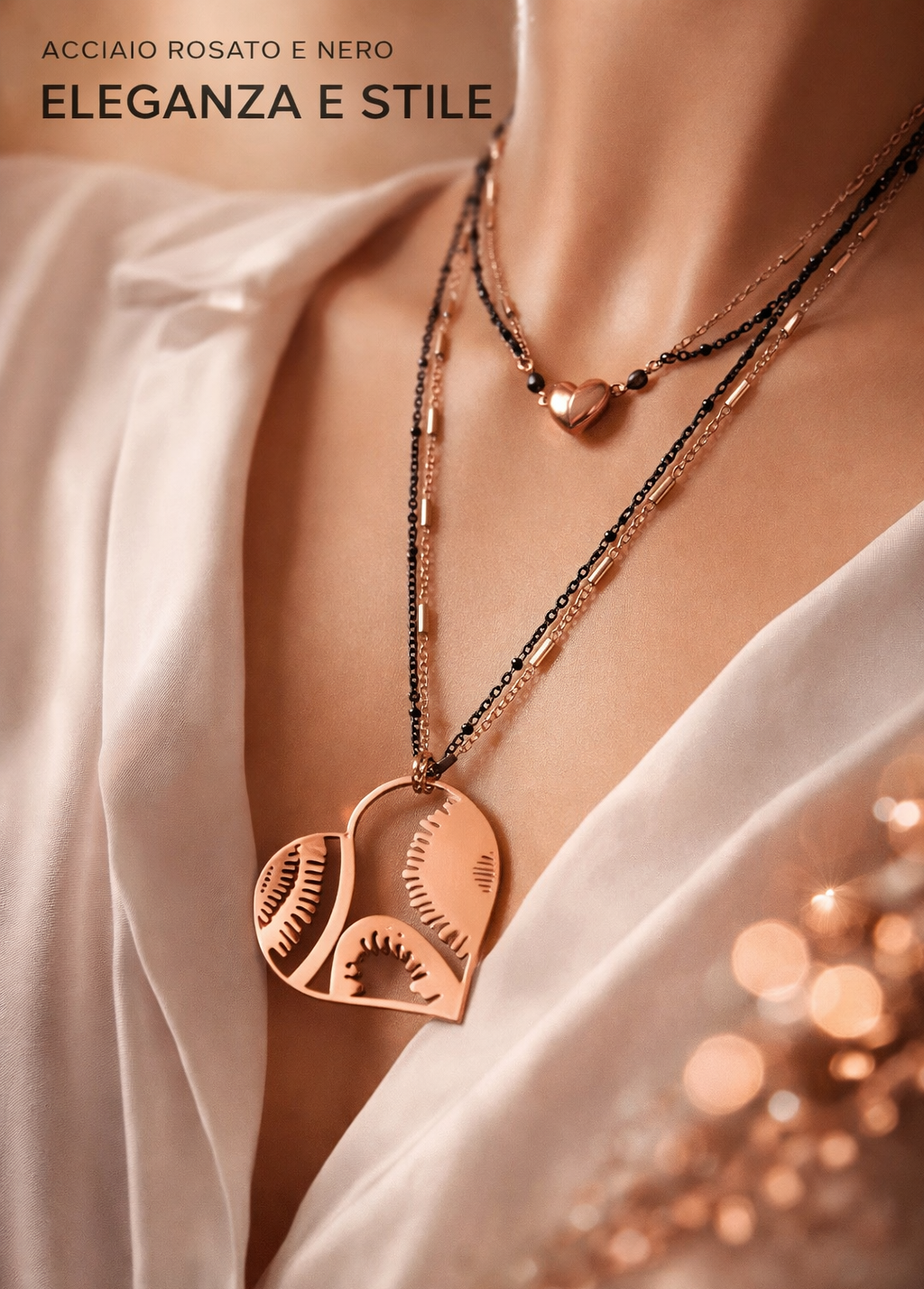 Collana con Cuore Magnetico e Maxi Ciondolo Cuore in Acciaio Rosato e Nero firmato Vizio Gioielli