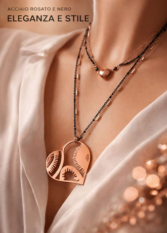 Collana con Cuore Magnetico e Maxi Ciondolo Cuore in Acciaio Rosato e Nero firmato Vizio Gioielli