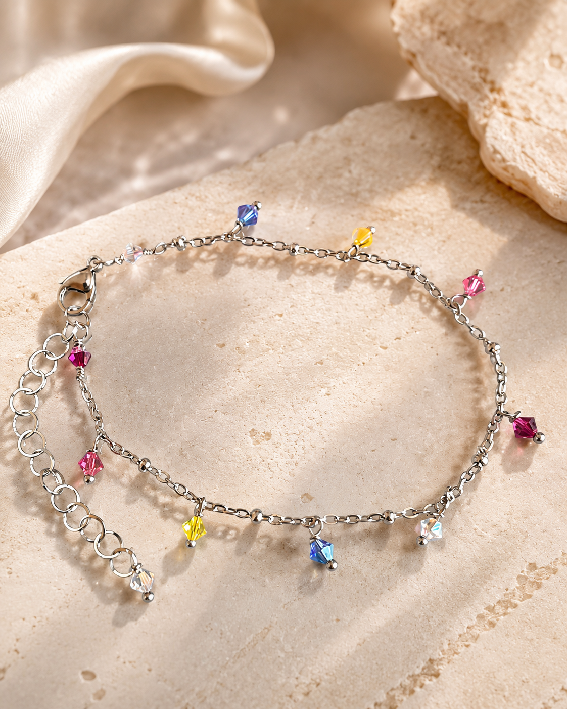 Cavigliera Rainbow Glitter – Cavigliera in acciaio chirurgico con cristalli Preciosa regolabile