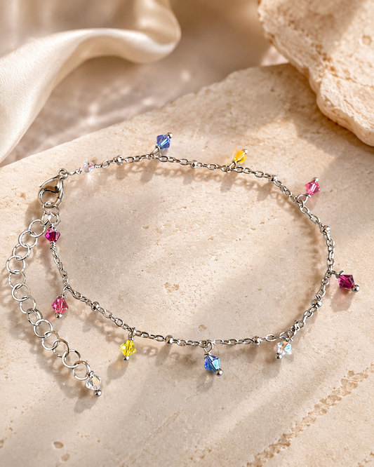Cavigliera Rainbow Glitter – Cavigliera in acciaio chirurgico con cristalli Preciosa regolabile