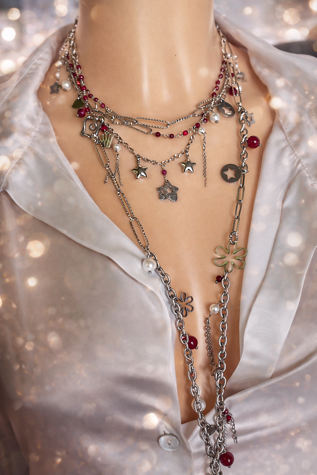 Girocollo triplo in acciaio e collana con rubini lab e perle di conchiglia firmati Vizio Gioielli