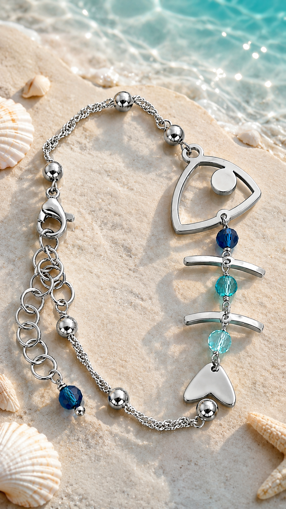 Bracciale Fishbone in Acciaio e Cristalli Blu – Regolabile