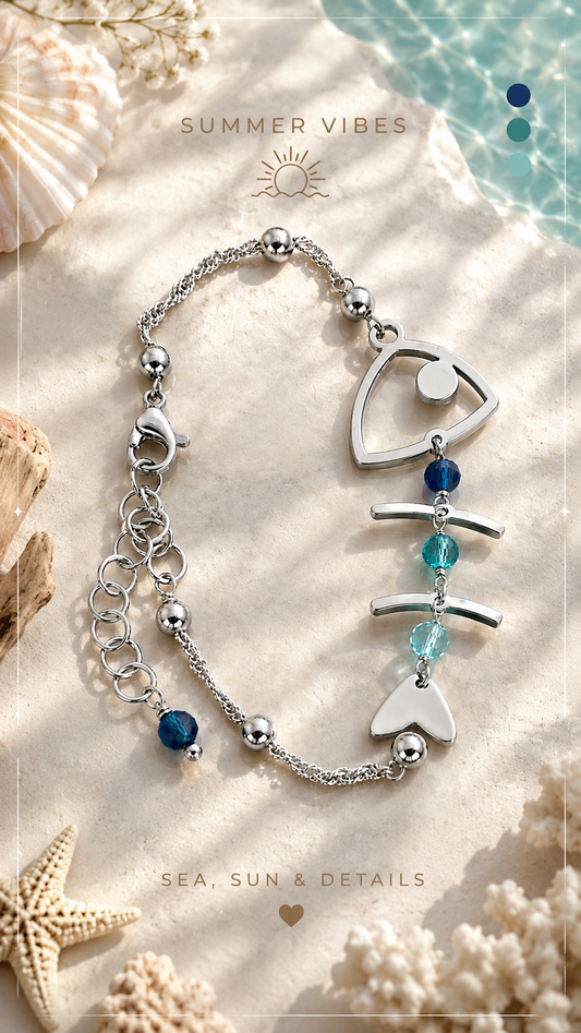 Bracciale Fishbone in Acciaio e Cristalli Blu – Regolabile