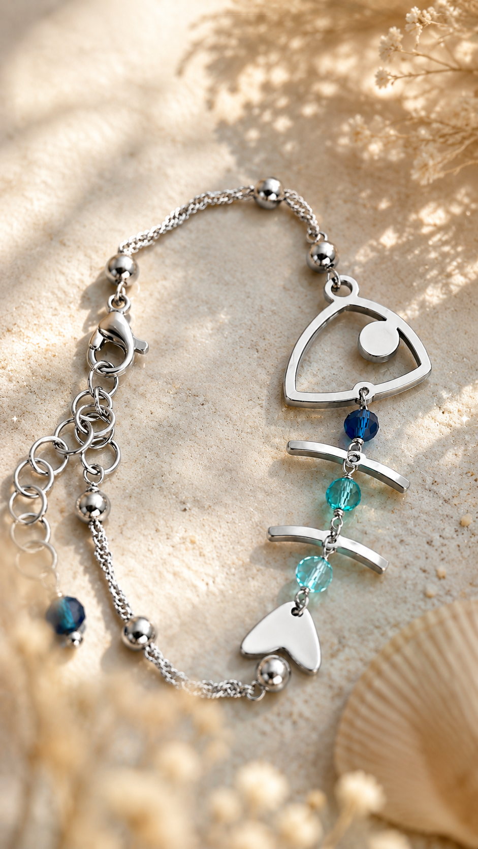 Bracciale Fishbone in Acciaio e Cristalli Blu – Regolabile