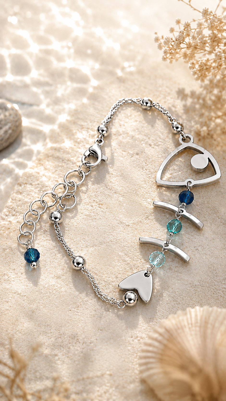 Bracciale Fishbone in Acciaio e Cristalli Blu – Regolabile