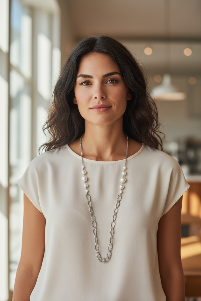 Collana lunga in acciaio e perle di conchiglia