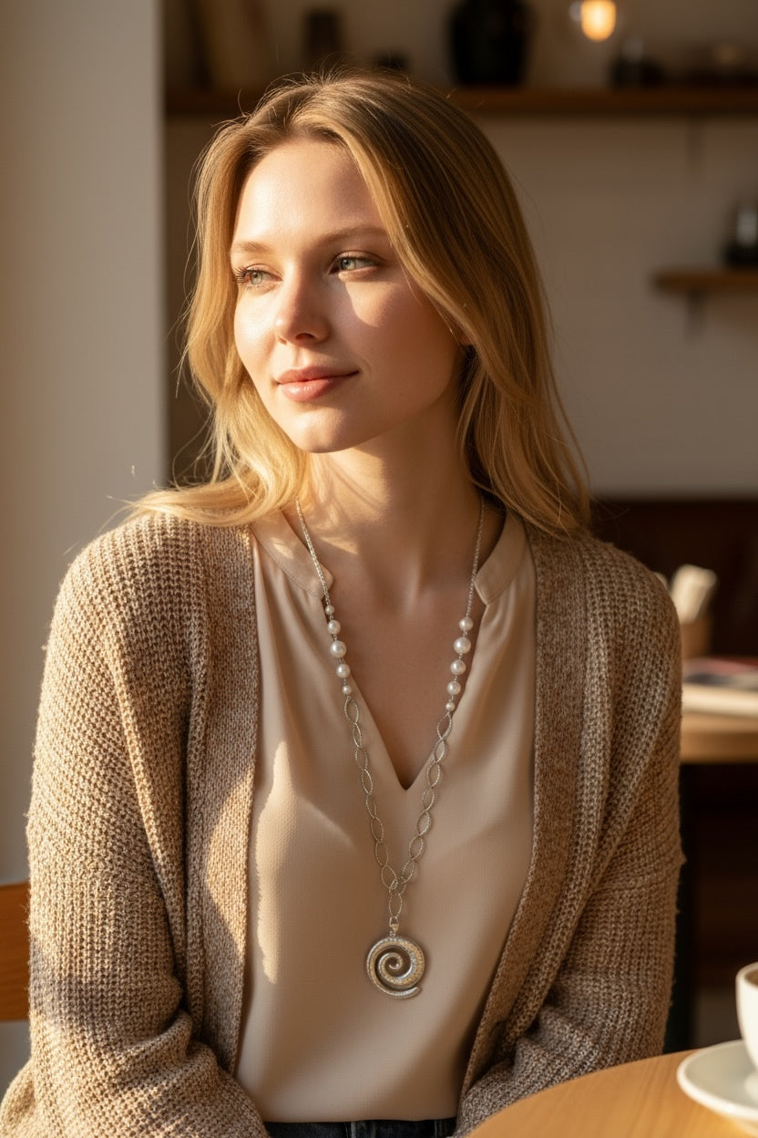 Collana lunga in acciaio e perle di conchiglia