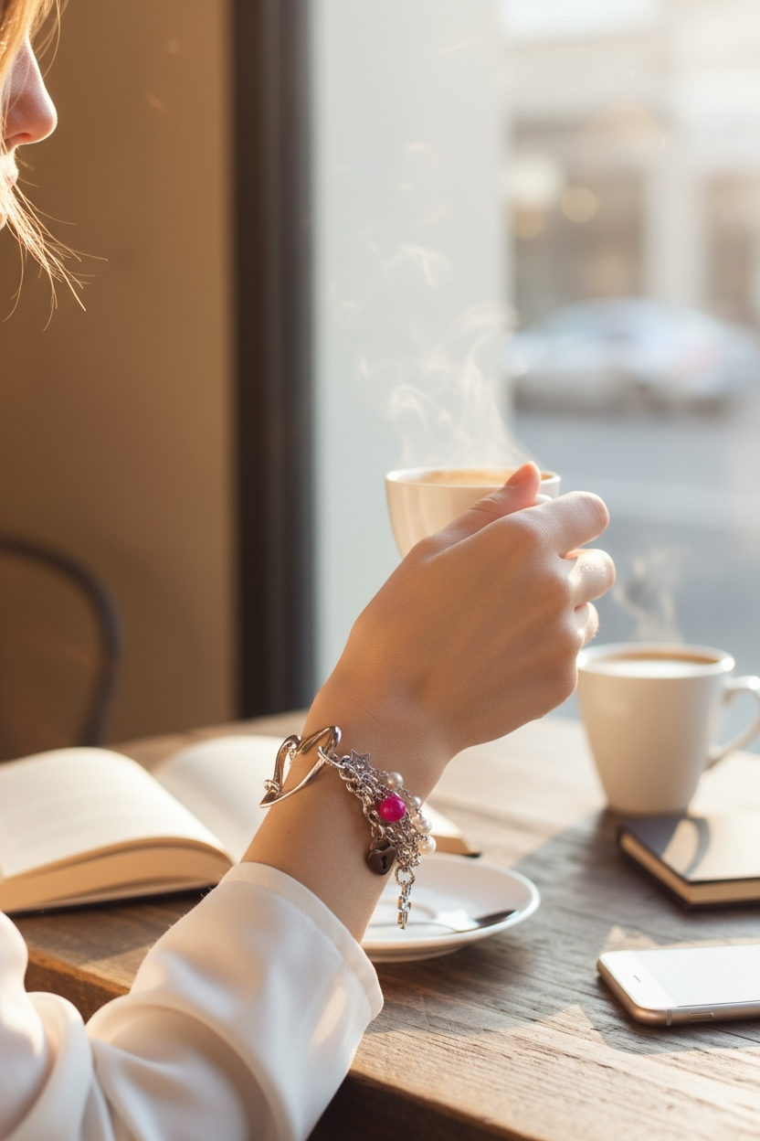 Bracciale acciaio rubino lab e perle di conchiglia