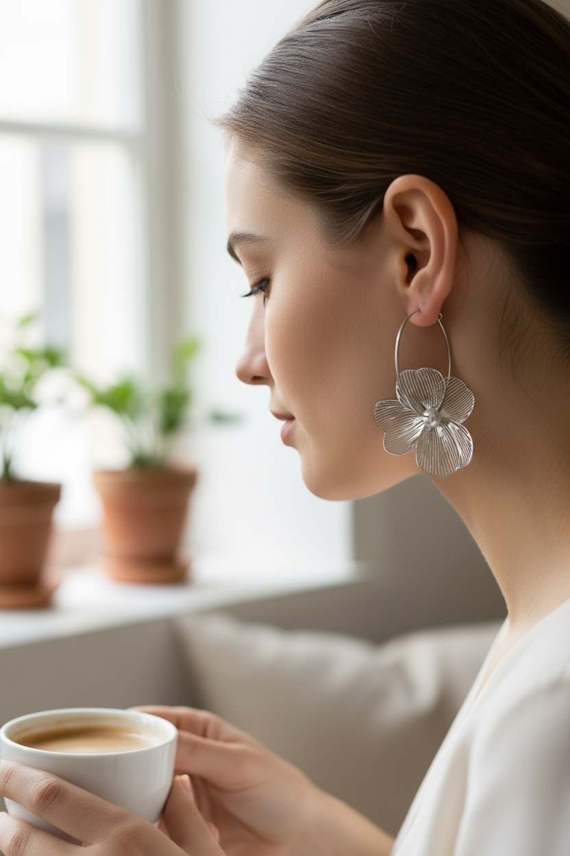 Mono orecchino Fiore acciaio e perla di conchiglia