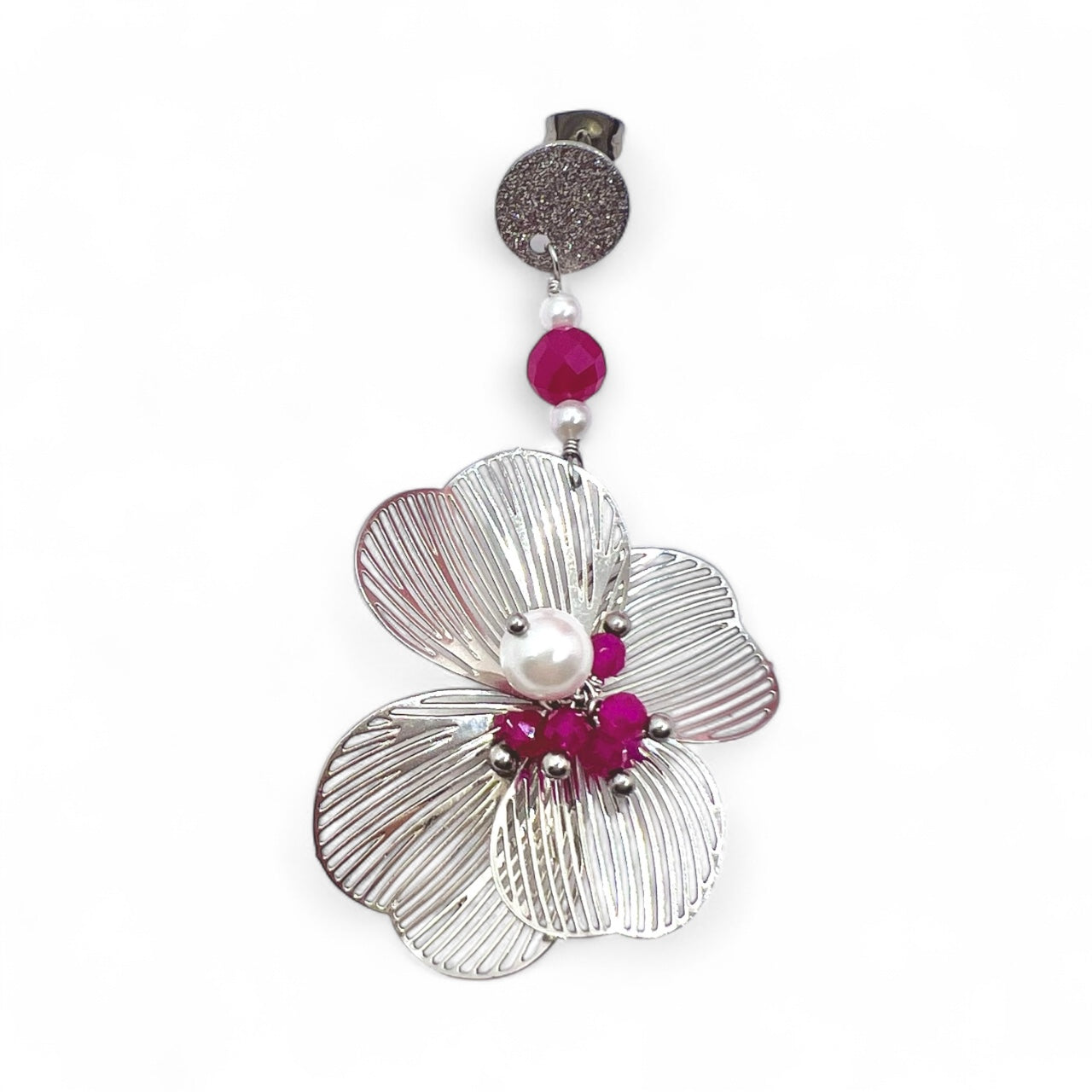 Mono orecchino fiore acciaio rubino lab e perle di conchiglia