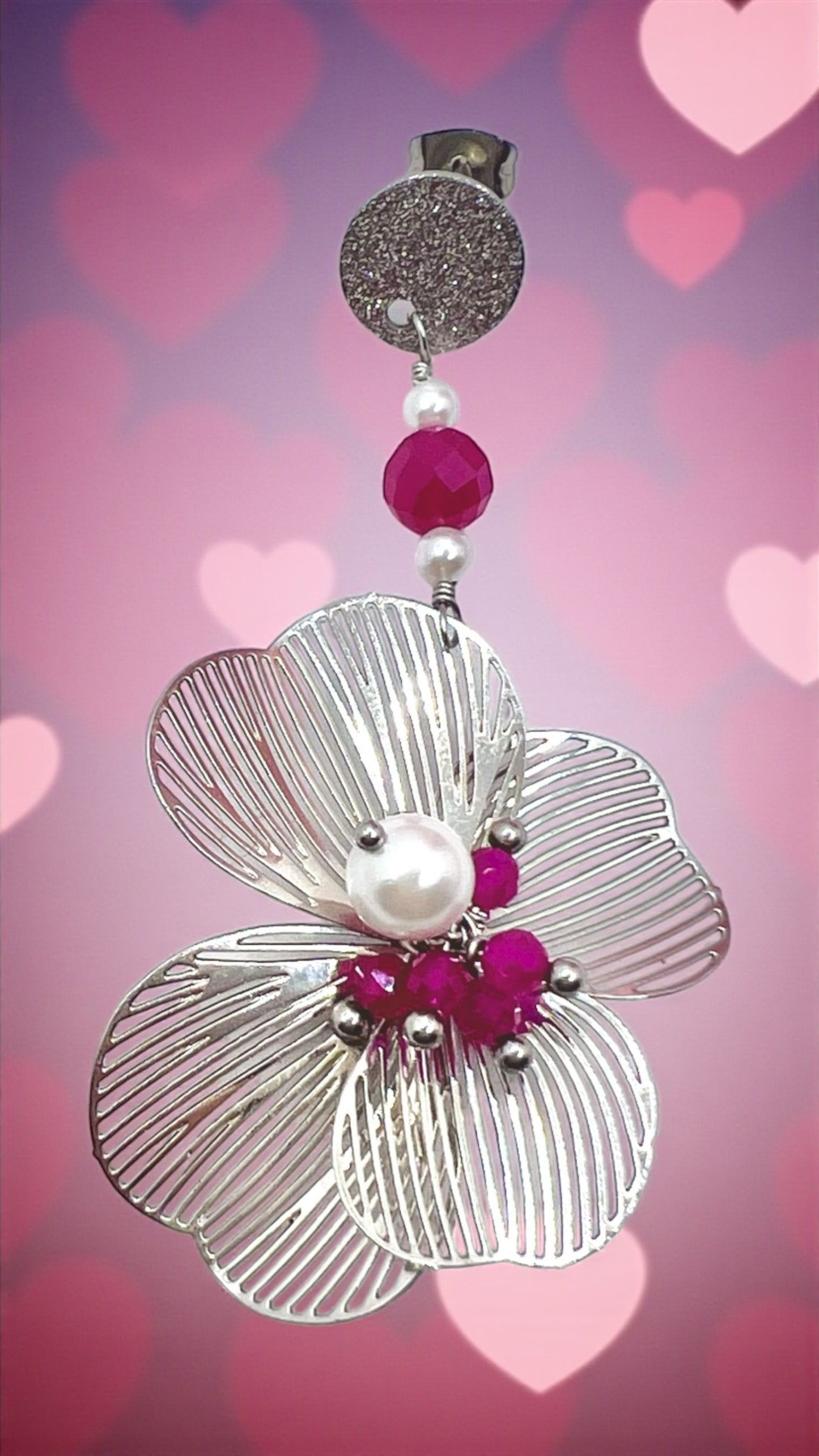 Mono orecchino fiore acciaio rubino lab e perle di conchiglia