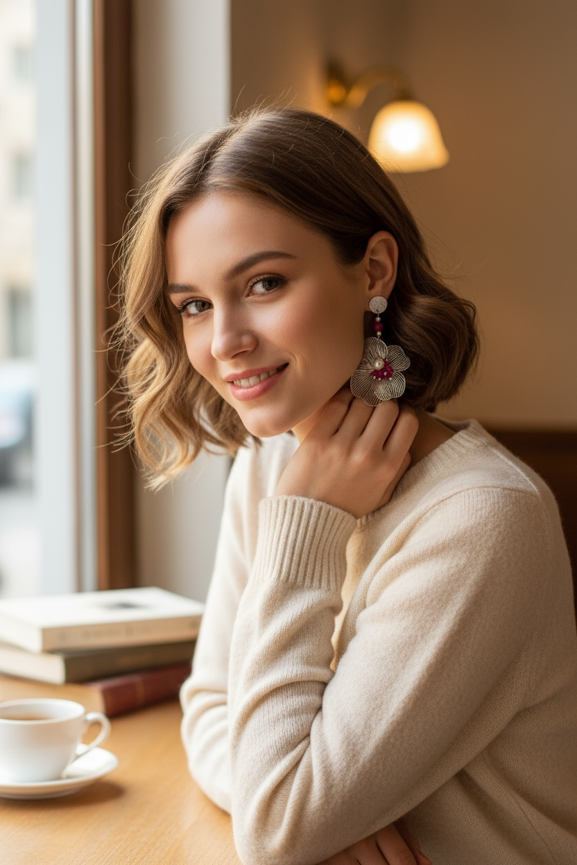 Mono orecchino fiore acciaio rubino lab e perle di conchiglia