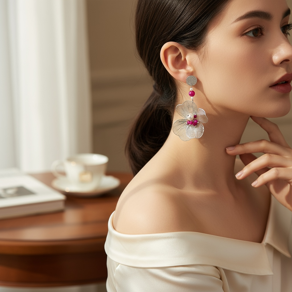 Mono orecchino fiore acciaio rubino lab e perle di conchiglia