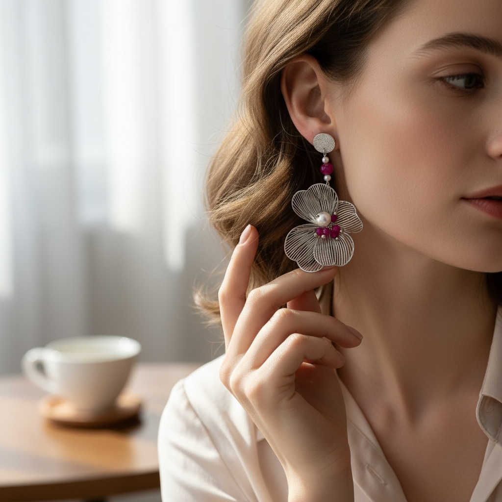 Mono orecchino fiore acciaio rubino lab e perle di conchiglia