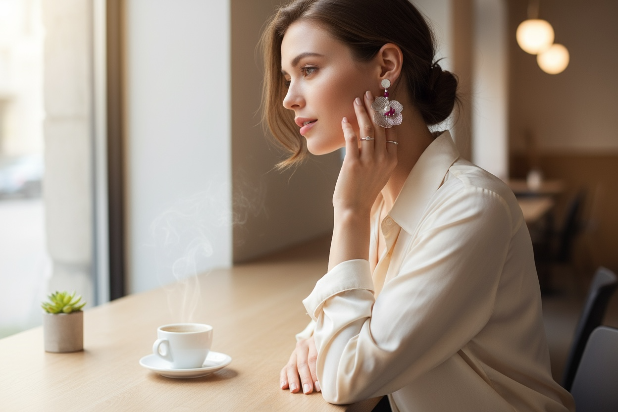 Mono orecchino fiore acciaio rubino lab e perle di conchiglia