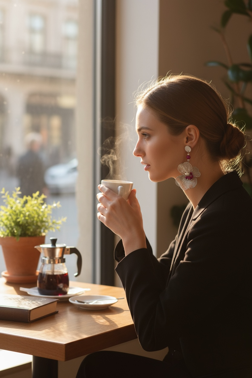 Mono orecchino fiore acciaio rubino lab e perle di conchiglia