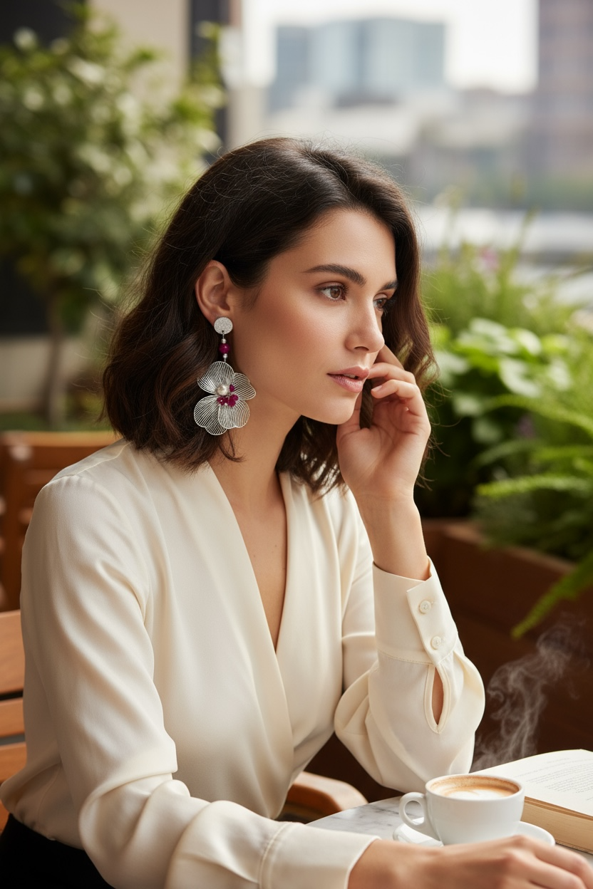 Mono orecchino fiore acciaio rubino lab e perle di conchiglia