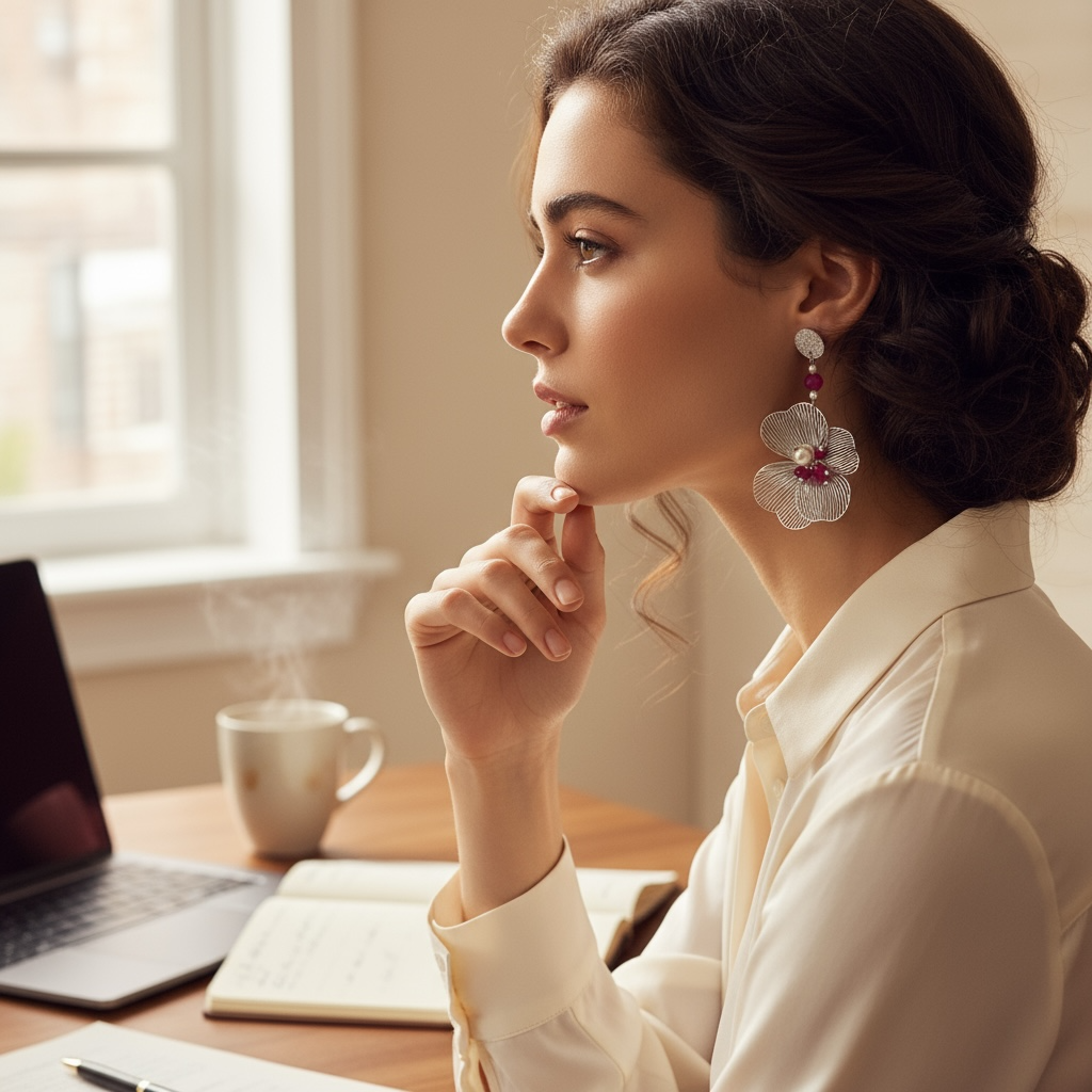 Mono orecchino fiore acciaio rubino lab e perle di conchiglia