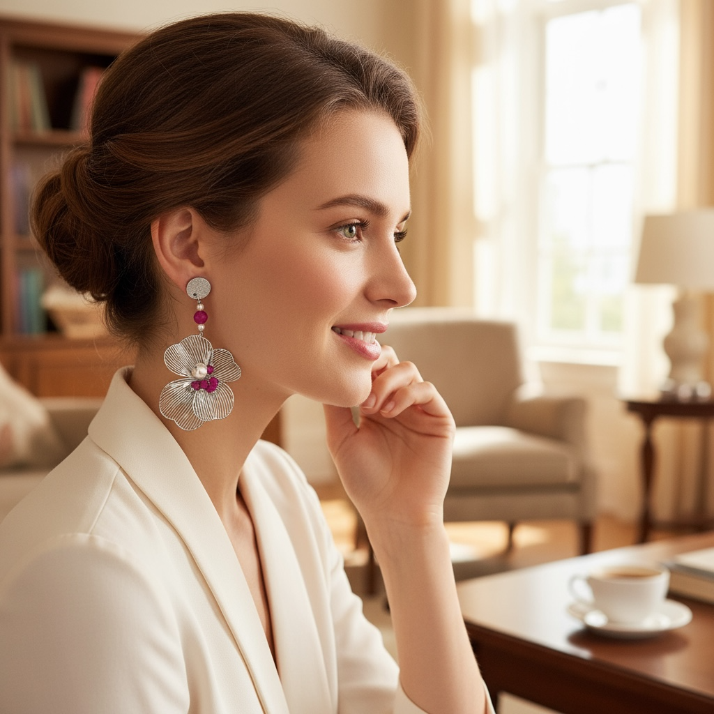 Mono orecchino fiore acciaio rubino lab e perle di conchiglia