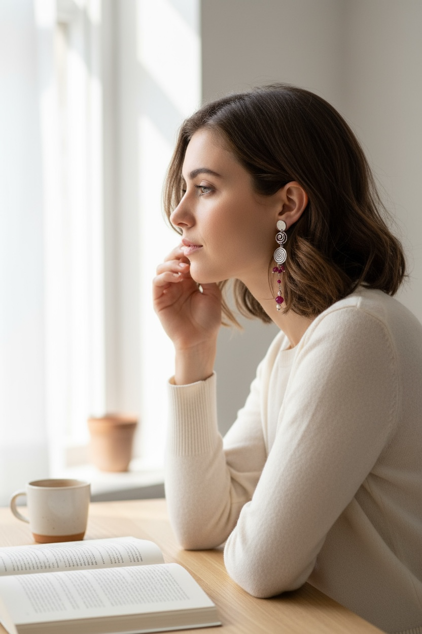 Mono orecchino Vortice in acciaio rubino lab, zircone e perla