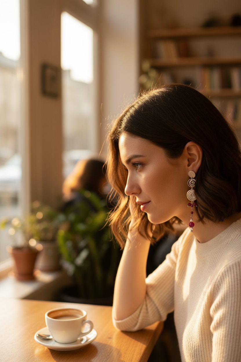 Mono orecchino Vortice in acciaio rubino lab, zircone e perla