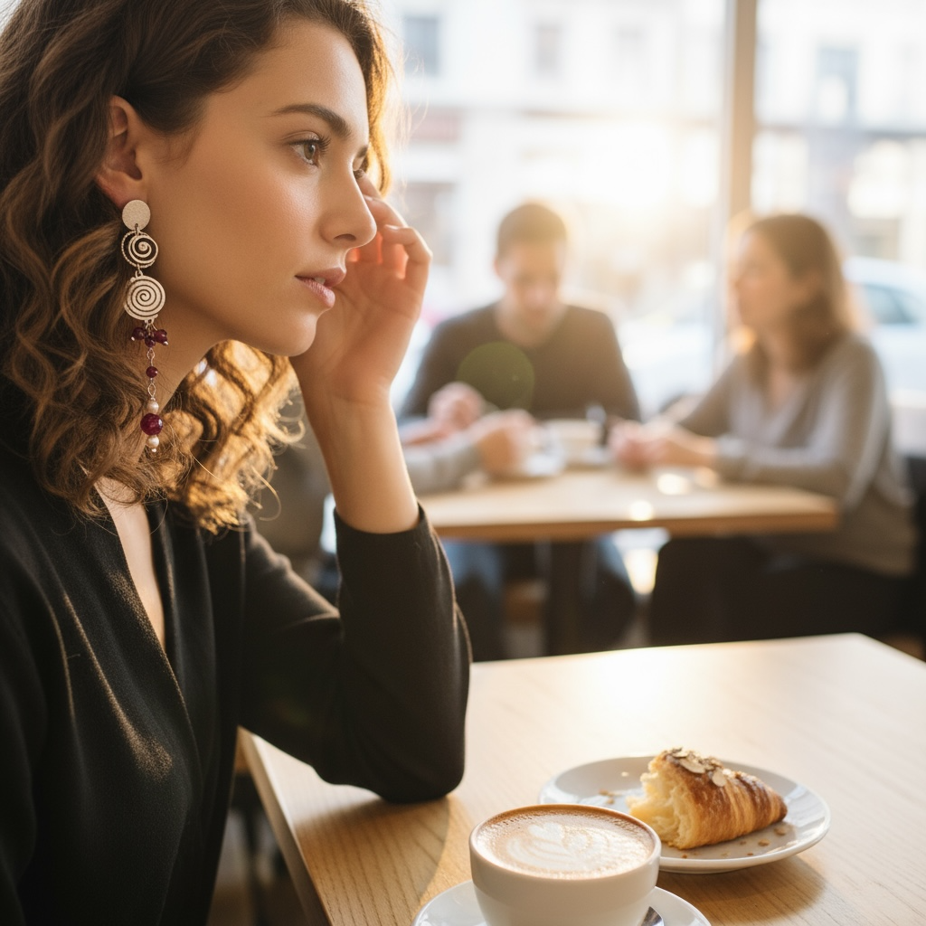 Mono orecchino Vortice in acciaio rubino lab, zircone e perla