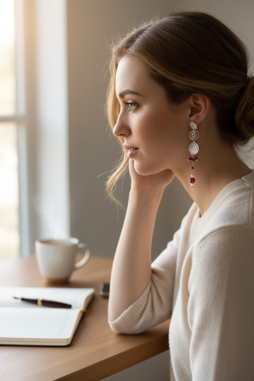 Mono orecchino Vortice in acciaio rubino lab, zircone e perla