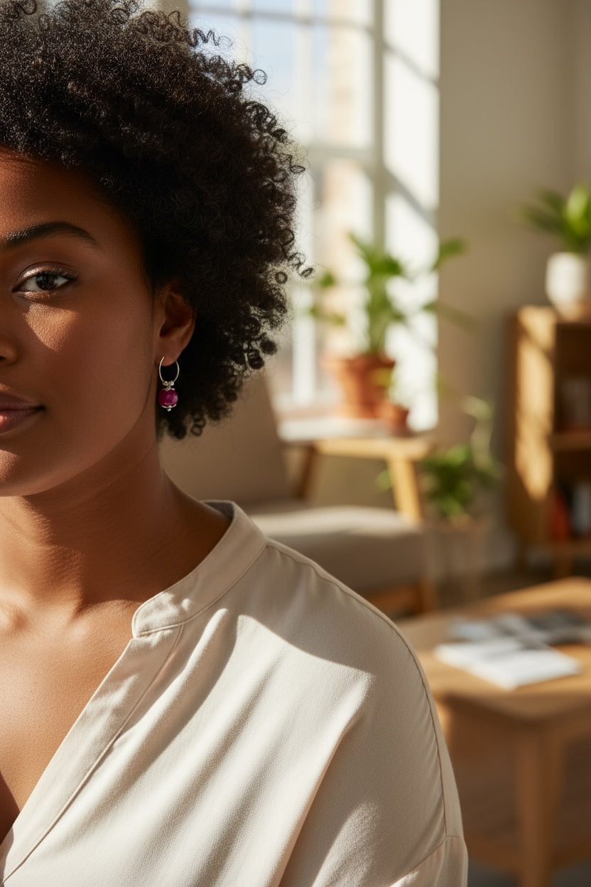 Mono orecchino cerchio in acciaio, rubino lab e perle