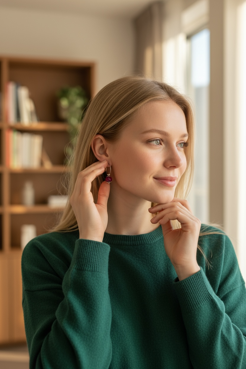 Mono orecchino cerchio in acciaio, rubino lab e perle