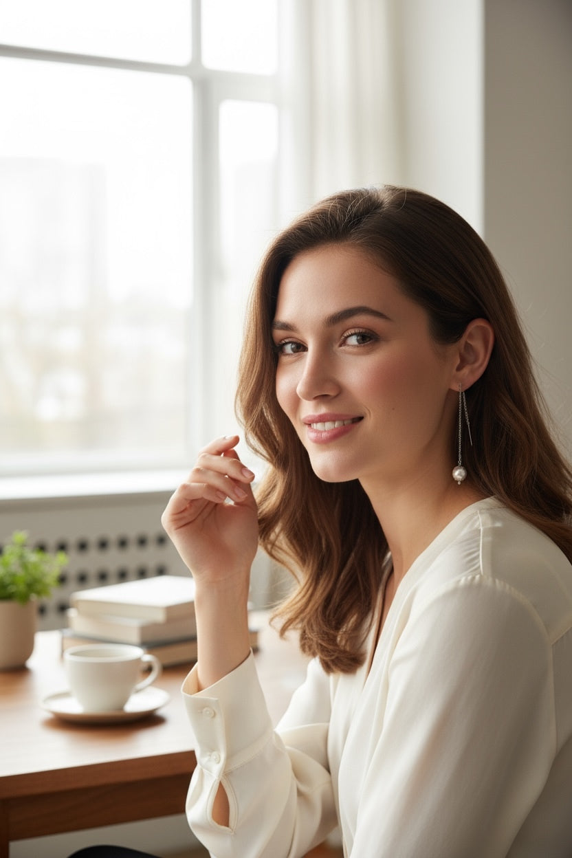 Mono orecchino a catenella acciaio e perla di conchiglia
