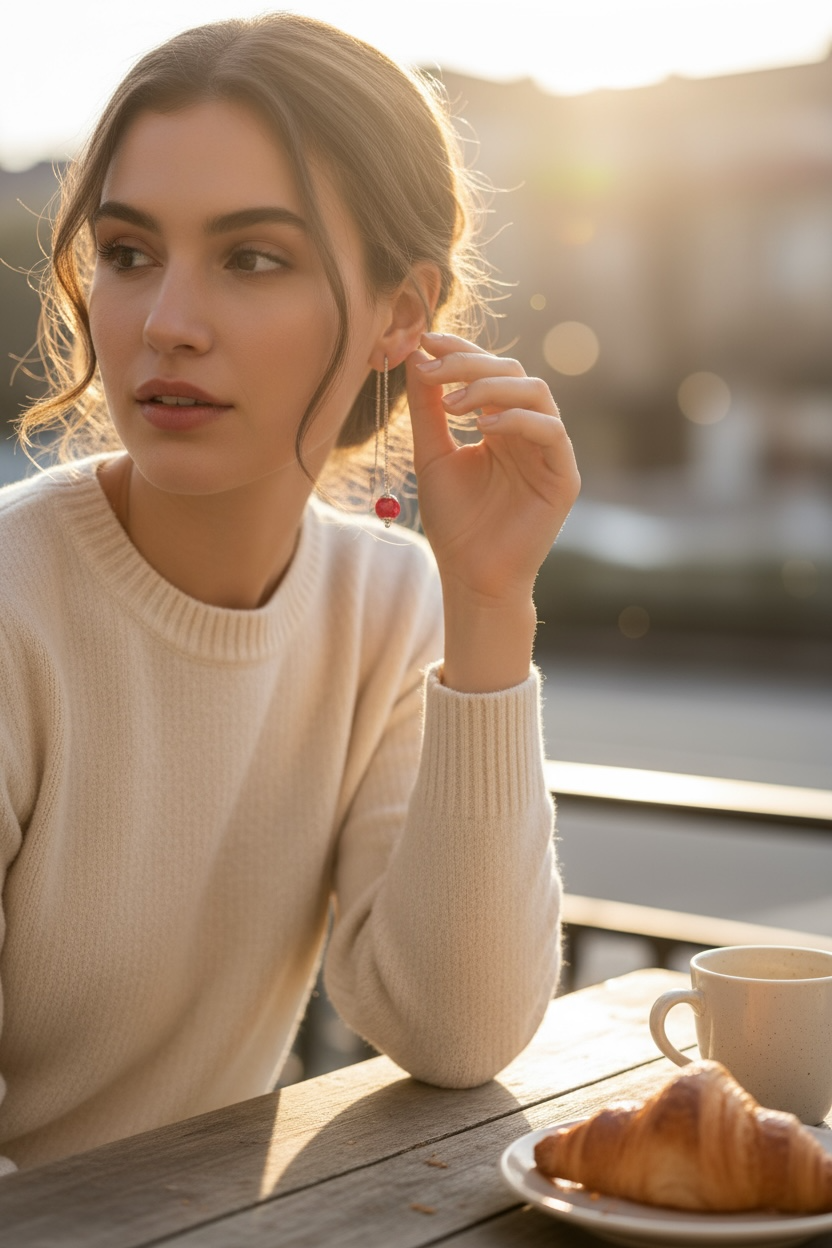 Mono orecchino a catenella acciaio e rubino lab